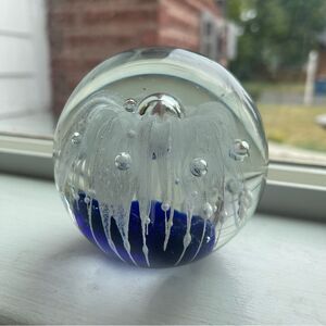 Cobalt Blue White Flower Clear Glass Paperweight Bullicante 3 1/2" Diameter